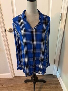 Est. 1946 Plaid V-Neck Tunic Top in Royal Blue, Sz XL